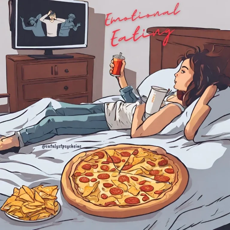 Emotional eating showing the connection between food and feelings, highlighting stress, comfort eating, and mental health awareness