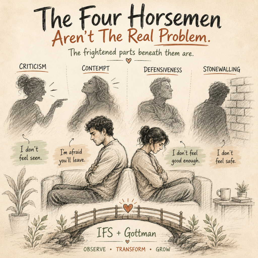 Gottman's Four Horsemen — criticism, contempt, defensiveness, stonewalling — explained with their antidotes and an IFS view of the parts beneath them