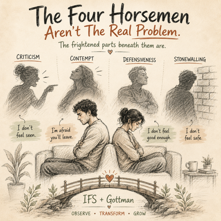 Gottman's Four Horsemen — criticism, contempt, defensiveness, stonewalling — explained with their antidotes and an IFS view of the parts beneath them